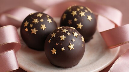 Three chocolate truffles decorated with golden stars and pink ribbon on plate