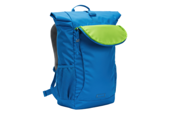 Isolated blue and green rolltop backpack with mesh pockets, convenient and durable pack