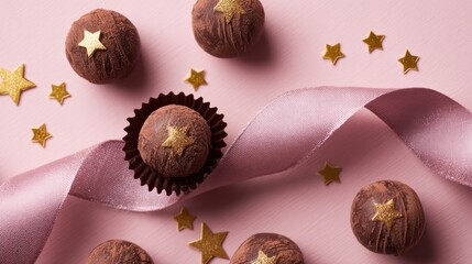 Chocolate truffles with golden star and ribbon on pink background from above