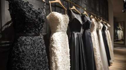 Elegant dresses on hangers, textures and fabrics in a dim, sophisticated room