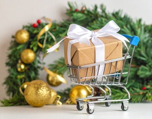 Gift in a miniature shopping cart, festive backdrop