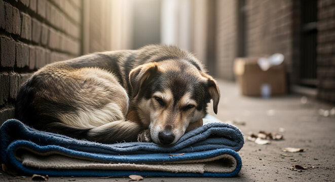Dog sleeping on a cozy blanket in an alley on a sunny day  