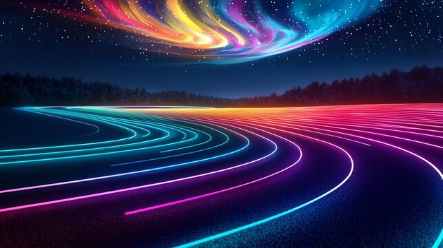 A vibrant landscape with neon lines and a colorful sky filled with stars at night in a dark setting