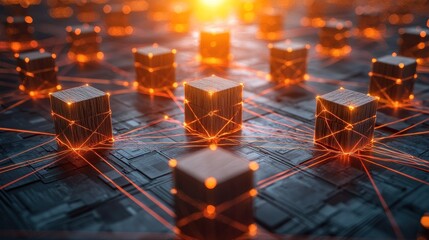 Interconnected cubes glow above a complex dark surface, light flares overhead