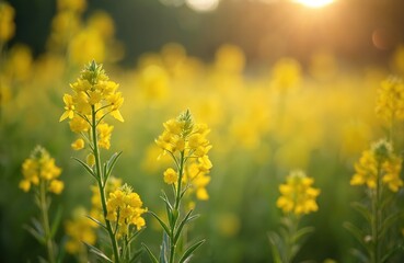 Obraz premium Yellow sweet clover flowers bloom in vast green field. Golden sun light shines on numerous wild plants. Creates bright meadow scene. Fresh green stems hold vibrant blossoms. Spring summer beauty