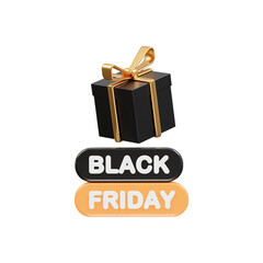 Black Friday Gift: A digitally rendered image captures the excitement of Black Friday deals, with a sleek, present adorned with a golden ribbon above labels showcasing the event's name. 