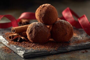 Delicious chocolate truffles with cinnamon and star anise on a slate board
