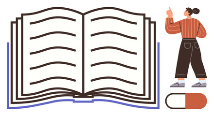 Open book with bold lines, person gesturing in observation, and capsule suggesting learning, ideas, medicine, research, education, innovation inspiration. Ideal for knowledge-sharing healthcare