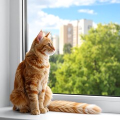 Ginger cat perched on windowsill gazing out at an urban view