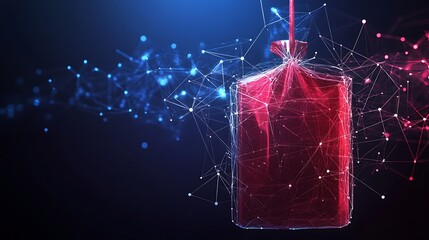 Blood bag with digital network overlay representing health and technology