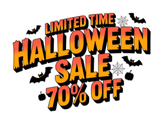 Limited time Halloween sale offering 70% off, perfect for spooky season savings, featuring bats, spiderwebs, and pumpkins for a festive design