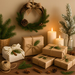 Warm Festive Christmas Scene with Natural Decorations