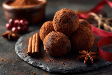 Delicious chocolate truffles with cinnamon and star anise on a slate board