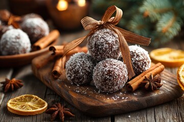 Delicious chocolate rum balls with cinnamon sticks and dried orange slices