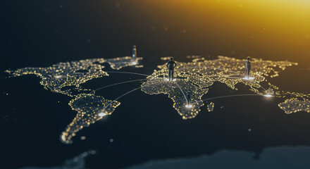 Global network and communication, an illuminated world map illustrating interconnectedness and technological advancements.
