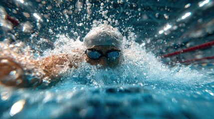 Swimmer doing butterfly stroke in water, captured with dynamic splash and underwater view