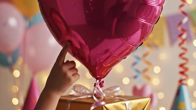 Festive setting with gifts, balloons, party hats, and decorations.