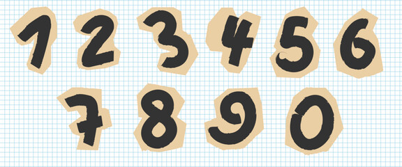 A scrapbooking collection featuring vector numbers drawn with crayon. Hand-drawn numbers. Marker drawing with torn paper edges.