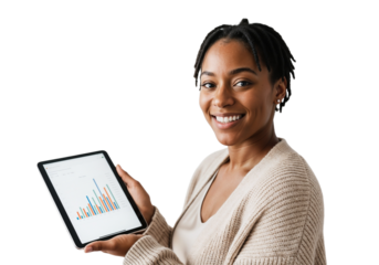 Woman smiles while showing a tablet with colorful data graphs in a bright setting
