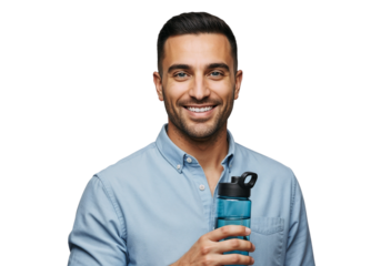 Man smiles while holding a water bottle in a casual setting, dressed in a light blue shirt