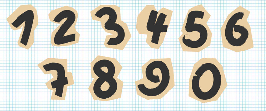 A scrapbooking collection featuring vector numbers drawn with crayon. Hand-drawn numbers. Marker drawing with torn paper edges.