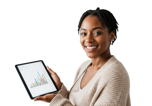 Woman smiles while showing a tablet with colorful data graphs in a bright setting