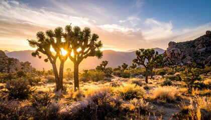 Obraz premium Joshua Tree Landscape at Sunset with Golden Light