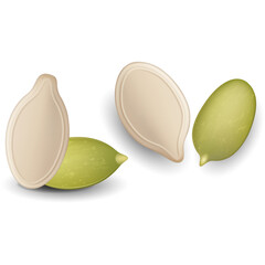 Several whole and shelled pumpkin seeds on a white background in a realistic 3D render with subtle shadows casting realism