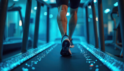 Person running on treadmill in futuristic gym. Athlete trains legs in sport club. Cardio workout with modern equipment for fitness. Running process visualisation, control via innovative technologies.