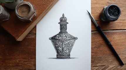 Intricate bottle illustration on a crisp white paper, surrounded by vintage tools