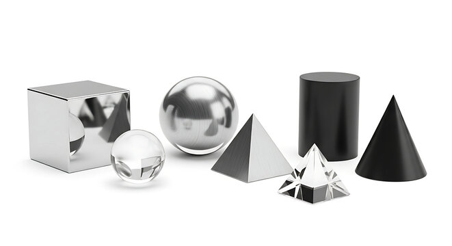 A collection of various geometric shapes including a cube, sphere, crystal ball, pyramid, cylinder, cone, and multifaceted crystal, arranged on a white surface.