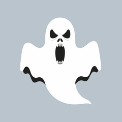 A spooky cartoon ghost with an open mouth and sharp teeth, floating eerily against a plain gray background for Halloween themes.