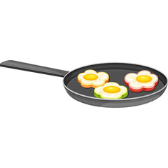 Three Flower Shaped Fried Eggs Cooking In A Black Frying Pan With A Long Handle On A Transparent Background
