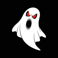 A menacing cartoon ghost with glowing red eyes and a wide, toothy scream floats eerily against a stark black background, embodying fright.