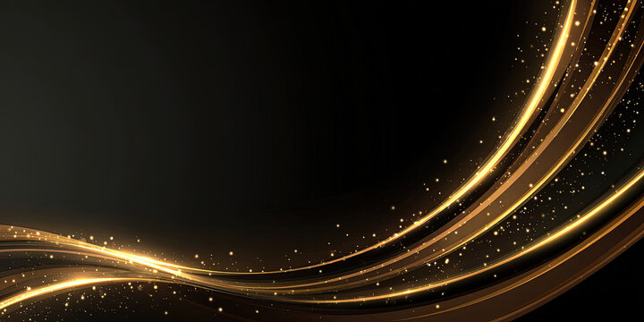 Curved golden light trails on black background, arcs with glitter in the foreground and open space in the back for text, abstract luxury style, concept for celebration and premium branding