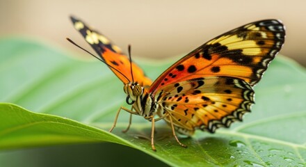 Obraz premium Close-up of vibrant orange butterfly resting on green leaf in natural light, macro photography.