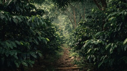 Narrow dirt path through dense green foliage in a lush, slightly hazy forest scene