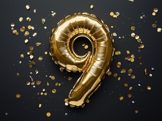 Nine year birthday.Number 9 flying foil balloon and gold confetti on black. Nine-year anniversary background. 3d rendering