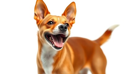 basenji. Adorable basenji dog with brown and white fur, joyfully posing against a white backdrop. wildlife magazines, conservation campaigns, designed for eco-tourism storytelling.
