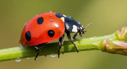 Fototapeta premium Macro shot of red ladybug with dew drops on green stem in sunlight, detailed close-up photography.