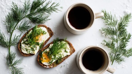Two cups of coffee and sandwiches with cream cheese and dill on a white table