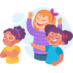 Three diverse cartoon children playing together on a light blue background with soft pastel shapes and a purple bow in one girls hair.