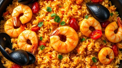 heretic. Spanish seafood paella with shrimp, mussels, and peppers on a plate. inspires cooking, menu design, designed for food delivery and cloud-kitchen brand materials, used by data scientists.