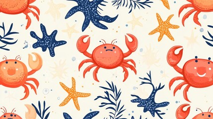 27.Seamless childish pattern with crabs and starfish. Suitable for baby prints, nursery decor, wallpaper, wrapping paper, stationery, scrapbooking. Vector illustrations