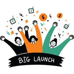 Three diverse people celebrating a big launch with confetti dollar signs and checkmarks on a transparent background symbolizing success and achievement