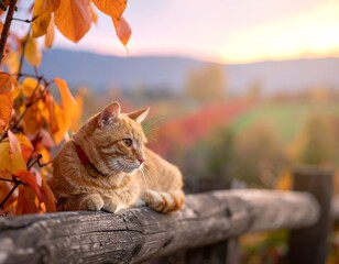 Ginger cat rests on a fence, autumn leaves, and a colorful background