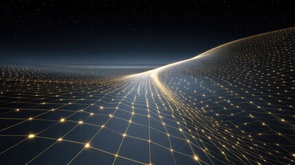 Futuristic Digital Landscape with Luminous Grid and Stars in Vast Night Sky