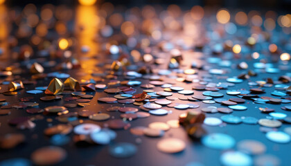 Obraz premium Mesmerizing close up of scattered metallic confetti and geometric shapes on reflective surface, illuminated by warm ambient lighting, creating festive and elegant atmosphere