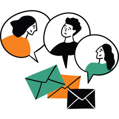 Three Diverse People Communicating Through Speech Bubbles Above Envelopes Representing Digital Messaging and Correspondence