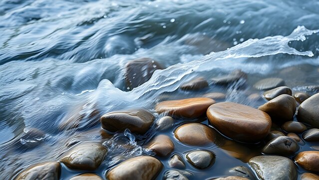 makemake. Rushing stream over smooth pebbles with splashing water in morning light. travel magazines, destination branding, designed for travel destination branding, inspires travel planning.